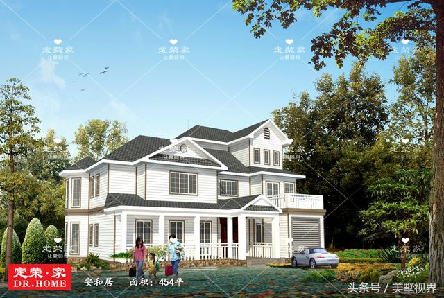 三層的農(nóng)村自建別墅戶型圖，帶車庫(kù)露臺(tái)，除了8個(gè)臥室，還設(shè)有會(huì)客廳、茶室、書房、娛樂室、休閑室等，外觀霸氣，功能齊備完美