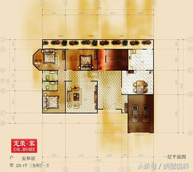 三層的農(nóng)村自建別墅戶型圖，帶車庫(kù)露臺(tái)，除了8個(gè)臥室，還設(shè)有會(huì)客廳、茶室、書房、娛樂室、休閑室等，外觀霸氣，功能齊備完美