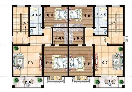 二層雙拼別墅設(shè)計圖，對稱式設(shè)計和布局，增加建筑的整潔大氣感，主體造價40萬。