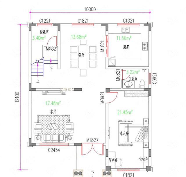 三層簡(jiǎn)歐新農(nóng)村自建房設(shè)計(jì)圖，開間進(jìn)深10米×12.1米，外觀富氣華貴。