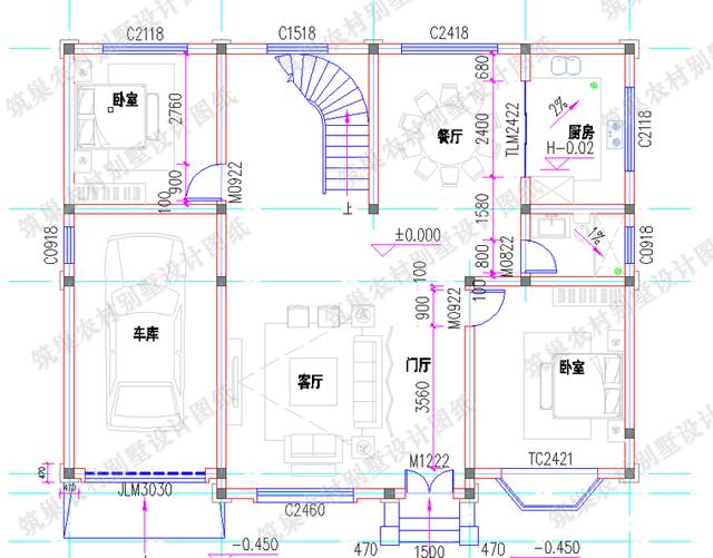 二層農(nóng)村別墅設(shè)計(jì)圖，帶旋轉(zhuǎn)樓梯+挑空客廳車庫(kù)套間，造價(jià)30萬