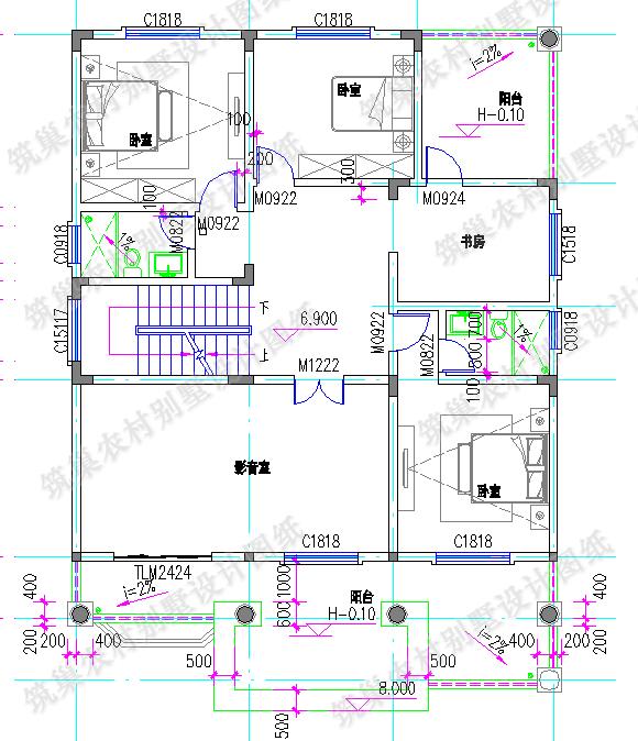 復式四層農村別墅全套施工效果圖，大氣漂亮，12×16米4廳9臥，設計感十足