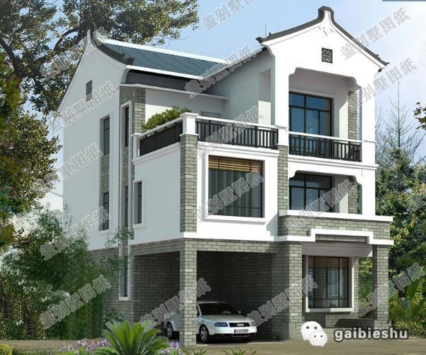 傳統(tǒng)中式風格三層別墅設計圖，帶車庫，帶后院