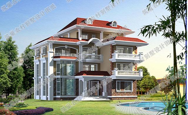 四層農村別墅全套CAD設計施工效果圖，大客廳挑空設計，套間臥室