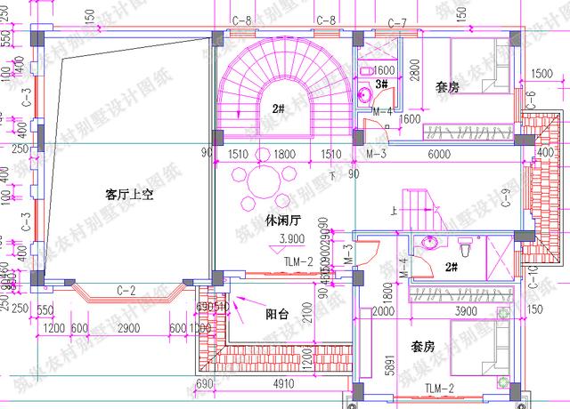 四層農村別墅全套CAD設計施工效果圖，大客廳挑空設計，套間臥室