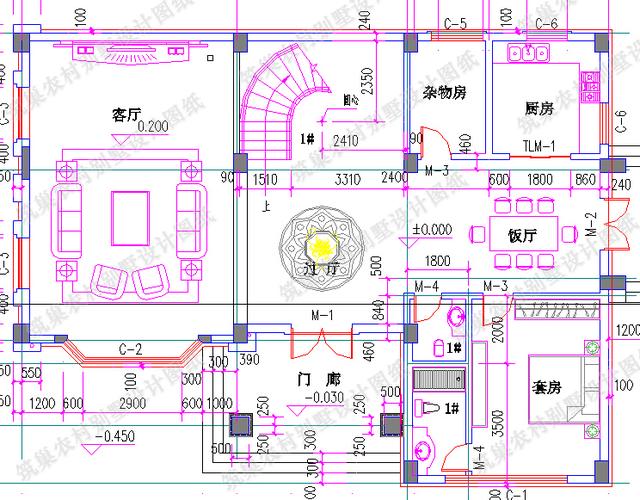 四層農村別墅全套CAD設計施工效果圖，大客廳挑空設計，套間臥室