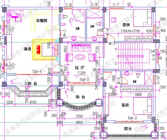四層農村別墅全套CAD設計施工效果圖，大客廳挑空設計，套間臥室