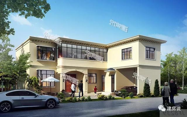 三款農(nóng)村自建別墅設(shè)計圖，帶露臺和院子，一家人坐在院子里其樂融融