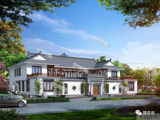 三款農(nóng)村自建別墅設(shè)計圖，帶露臺和院子，一家人坐在院子里其樂融融