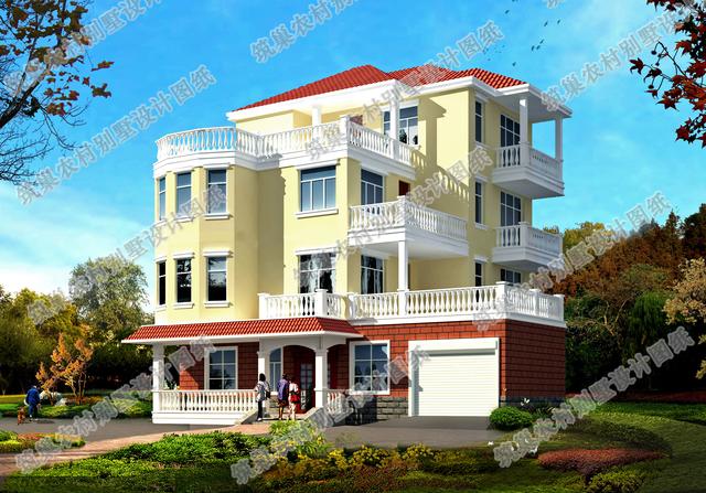 四層帶車庫露臺花園農(nóng)村別墅施工設(shè)計(jì)效果圖，造價(jià)50萬，外觀富有立體感