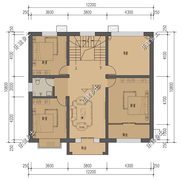 12X11米簡歐式別墅設(shè)計圖，整體方正簡約，大方得體，建在鄉(xiāng)村不顯張揚，簡約中又不乏精致。