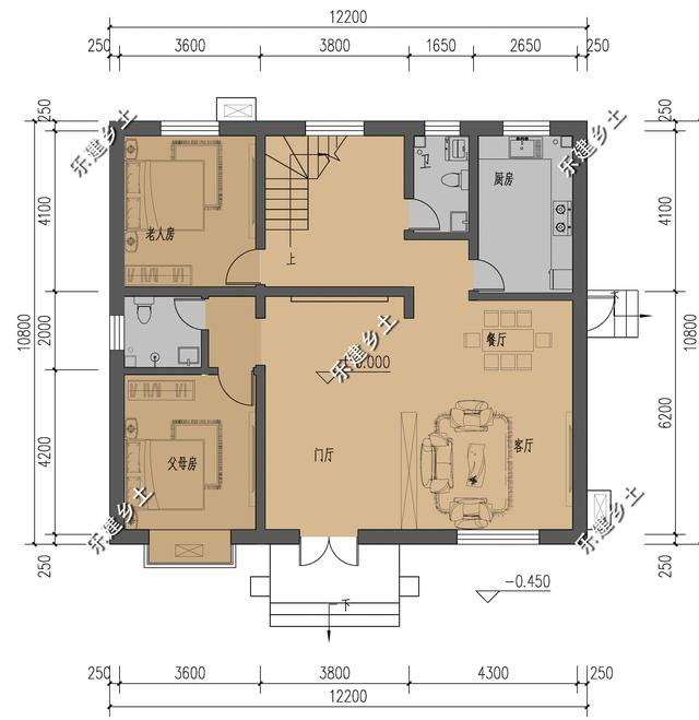 12X11米簡歐式別墅設(shè)計圖，整體方正簡約，大方得體，建在鄉(xiāng)村不顯張揚，簡約中又不乏精致。