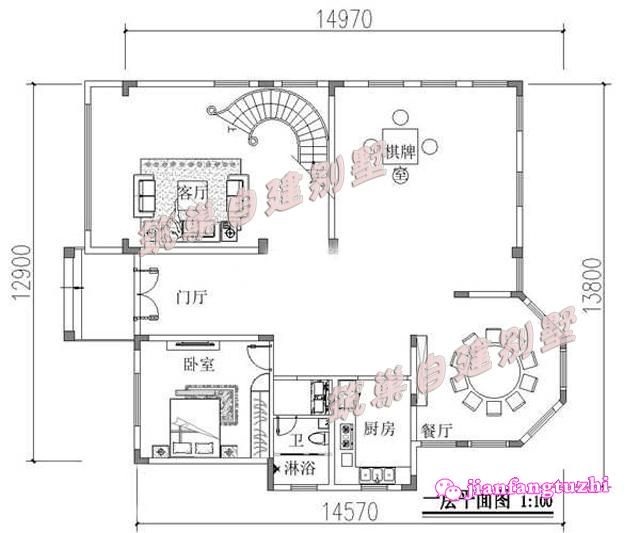 三層15x13米中空農(nóng)村自建框架結(jié)構(gòu)別墅設(shè)計(jì)圖，帶旋轉(zhuǎn)樓梯，簡(jiǎn)單實(shí)用。
