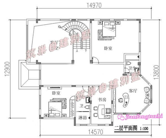 三層15x13米中空農(nóng)村自建框架結(jié)構(gòu)別墅設(shè)計(jì)圖，帶旋轉(zhuǎn)樓梯，簡(jiǎn)單實(shí)用。