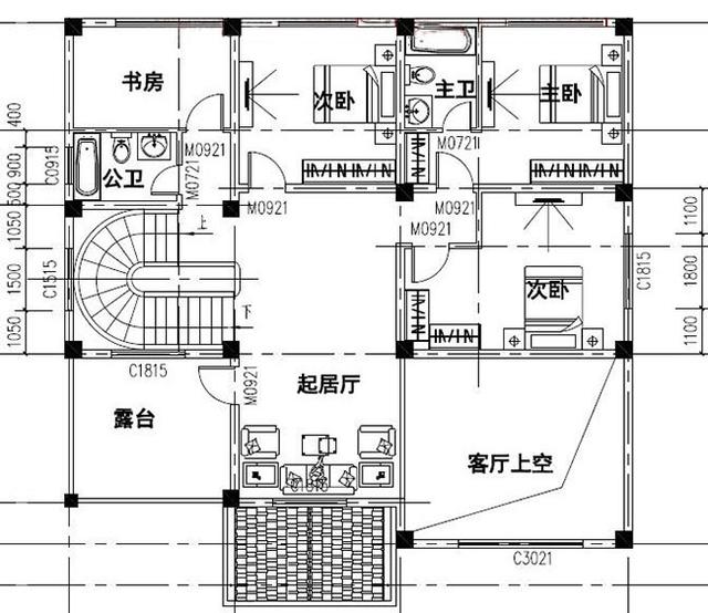 三層農(nóng)村別墅設(shè)計圖，占地面積適中，帶車庫+露臺，造價低廉，造型美觀大氣。