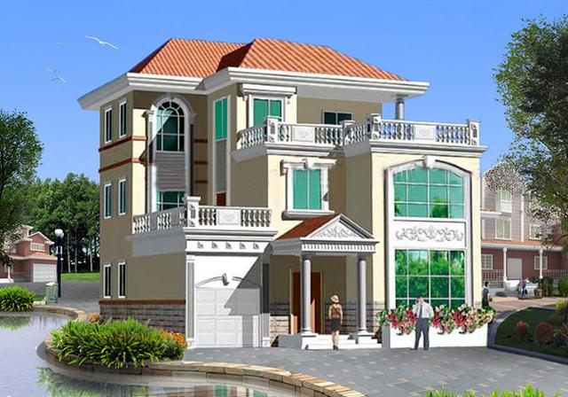 三層農(nóng)村別墅設(shè)計圖，占地面積適中，帶車庫+露臺，造價低廉，造型美觀大氣。