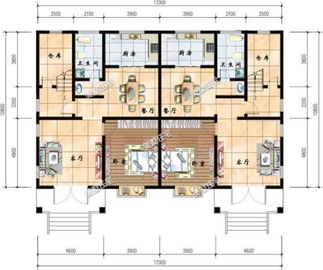 農(nóng)村三層雙拼別墅設(shè)計圖，開間17米，豪華大氣上檔次，家有兩兄弟的首選！