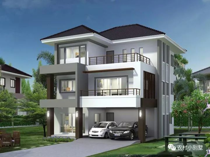 10X12米雙車庫(kù)三層農(nóng)村別墅圖，時(shí)尚外觀，車多也不怕
