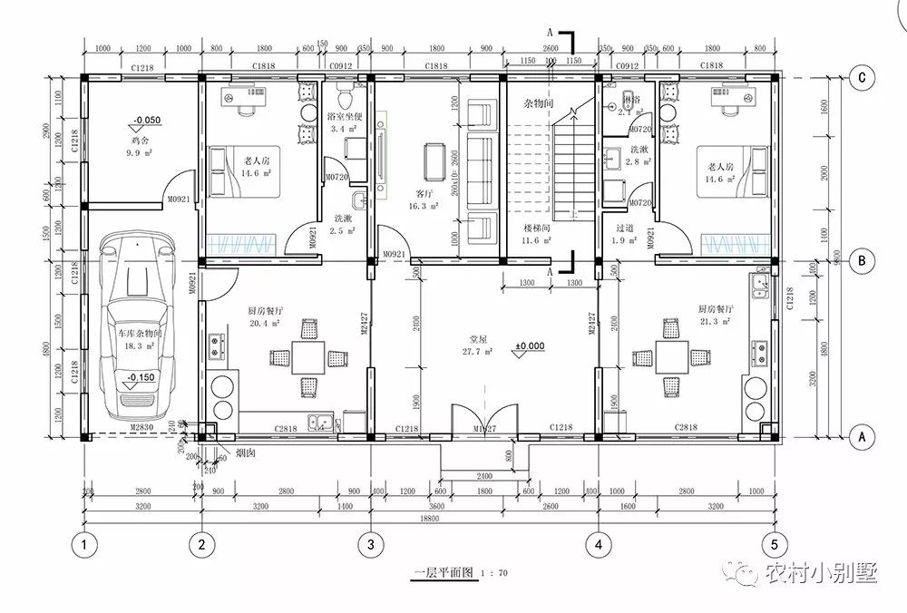 18.8x10米兩層農(nóng)村住宅圖，挑空客廳配獨(dú)立車庫