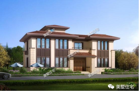 二層中式別墅設(shè)計(jì)圖，帶庭院有涼亭，保留傳統(tǒng)又融合了現(xiàn)代風(fēng)格