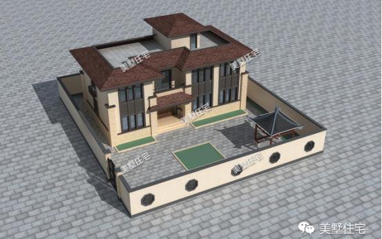 二層中式別墅設(shè)計(jì)圖，帶庭院有涼亭，保留傳統(tǒng)又融合了現(xiàn)代風(fēng)格