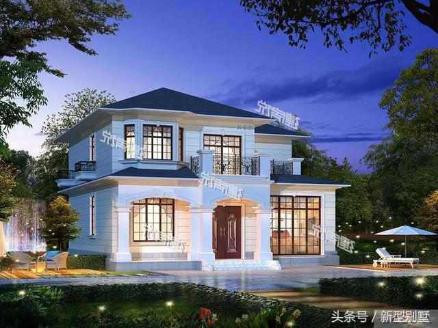 二層農(nóng)村別墅設(shè)計圖，占地148平方米，造型錯落有致，非常高檔，夜晚后燈光特別美，你心動了嗎？