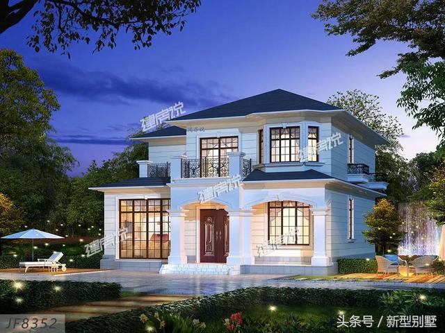 二層農(nóng)村別墅設(shè)計圖，占地148平方米，造型錯落有致，非常高檔，夜晚后燈光特別美，你心動了嗎？