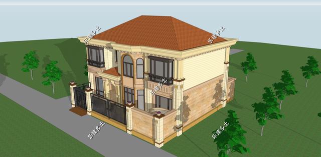 二層簡(jiǎn)歐別墅設(shè)計(jì)圖，別墅整體方正大氣，以暖色調(diào)為主，給人一種溫馨舒適的感覺(jué)