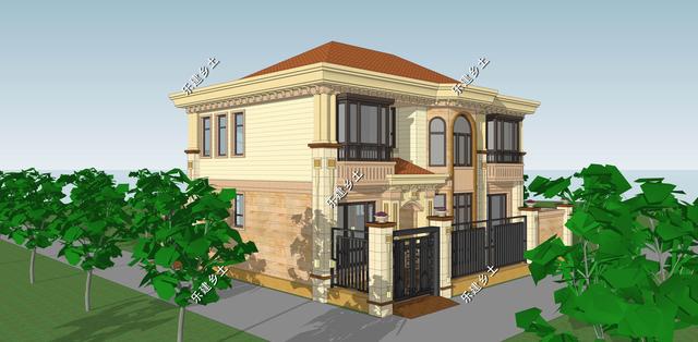 二層簡(jiǎn)歐別墅設(shè)計(jì)圖，別墅整體方正大氣，以暖色調(diào)為主，給人一種溫馨舒適的感覺(jué)