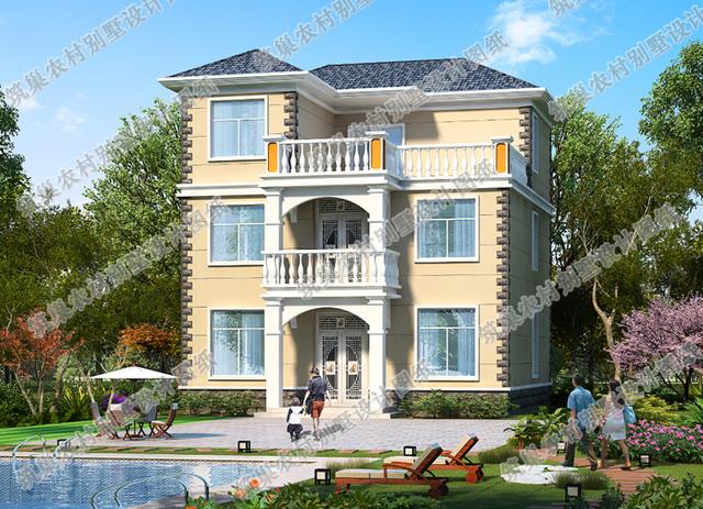 4廳9臥三層農(nóng)村別墅設(shè)計(jì)圖，戶型規(guī)整大氣，帶L型大露臺(tái)，滿足農(nóng)村大家庭居住需求。