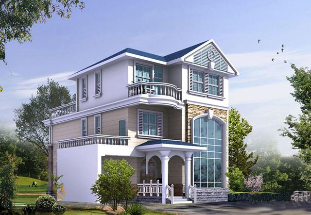 歐式三層別墅設(shè)計(jì)圖，帶車(chē)庫(kù)+屋頂花園，外觀效果圖時(shí)尚、精致。