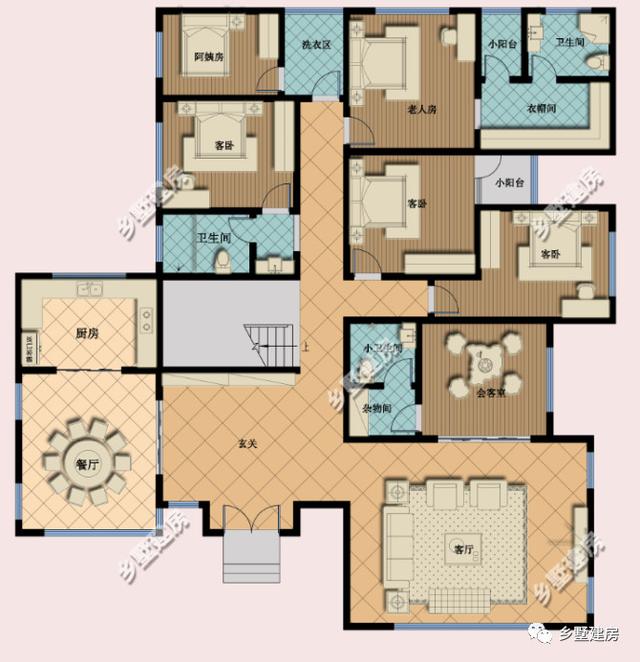 大面寬二層農(nóng)村自建房，19X19.7米，空間布局一樣緊湊，利用充分。