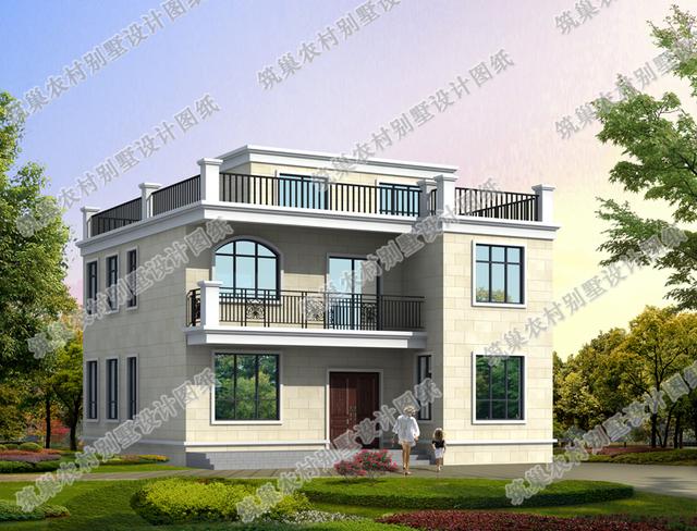 平頂二層農(nóng)村小別墅全套施工效果圖，外觀簡單大方，施工難度較低，適合農(nóng)村建房