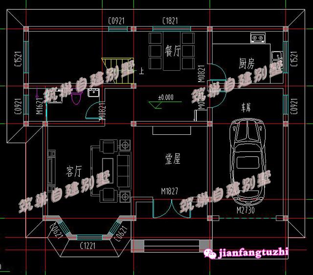 推薦一款戶型帶有車庫及堂屋設(shè)計，占地120平米左右的二層農(nóng)村別墅設(shè)計圖，不帶裝修，毛坯造價20萬以內(nèi)!