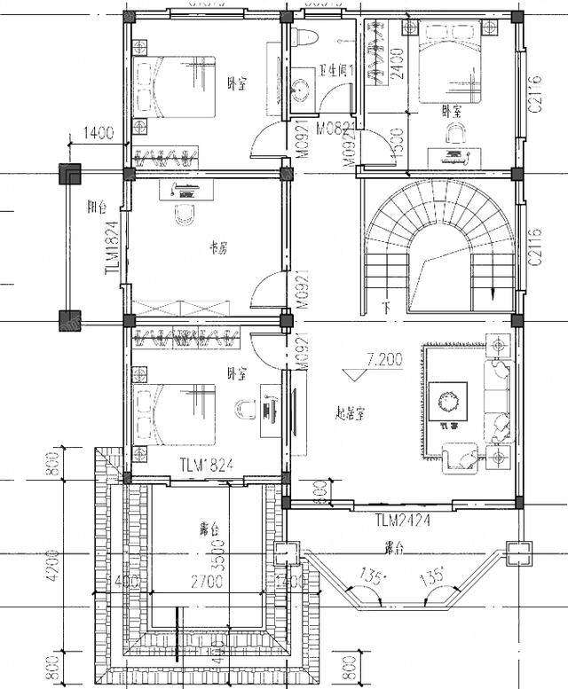 三層別墅設(shè)計(jì)圖，車庫+旋轉(zhuǎn)樓梯+挑空客廳+套間+多個落地窗，戶型美觀實(shí)用，視覺效果極佳。