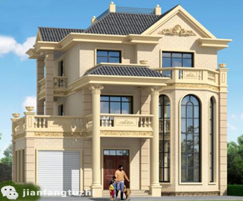 三層別墅設(shè)計(jì)圖，車庫+旋轉(zhuǎn)樓梯+挑空客廳+套間+多個落地窗，戶型美觀實(shí)用，視覺效果極佳。