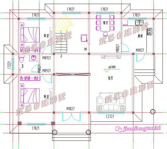 開間進深15x12米半旋轉(zhuǎn)樓梯二層農(nóng)村自建別墅設(shè)計圖，造價經(jīng)濟，居住舒適