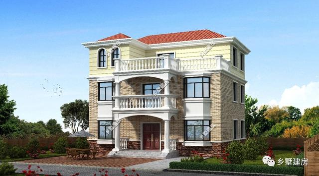 12x10米田園風(fēng)三層農(nóng)村別墅設(shè)計圖，帶大露臺，低調(diào)奢華。