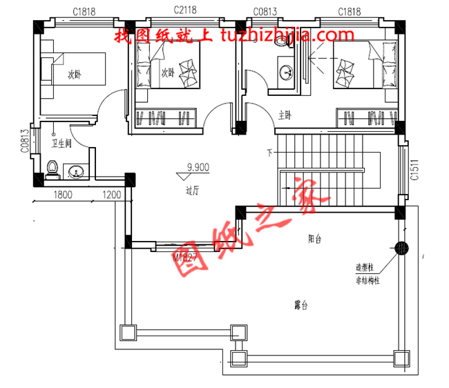 帶車庫(kù)四層別墅外觀效果圖及設(shè)計(jì)圖紙，戶型方正通透