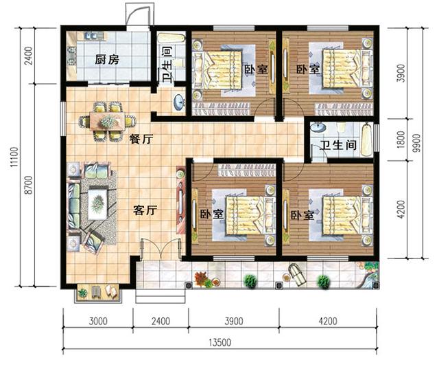 13x10米一層農(nóng)村別墅設(shè)計(jì)圖，不僅造價(jià)較低,而且經(jīng)濟(jì)實(shí)用，兩廳兩衛(wèi)四室絕對夠用！