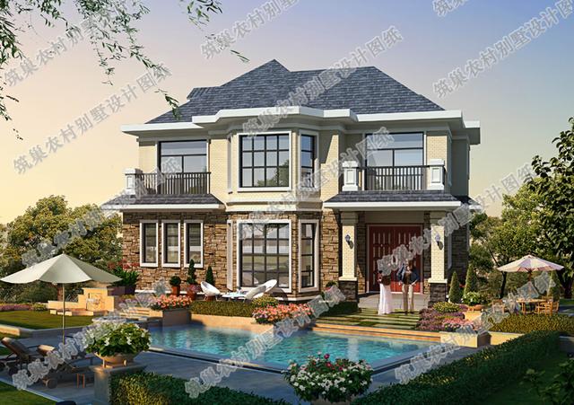 13×11米二層別墅設(shè)計(jì)圖，庭院內(nèi)設(shè)游泳池，造價(jià)25萬(wàn)。