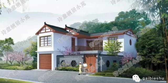 二層農(nóng)村別墅設(shè)計圖，帶有車庫，內(nèi)設(shè)有小庭院，造價20萬。