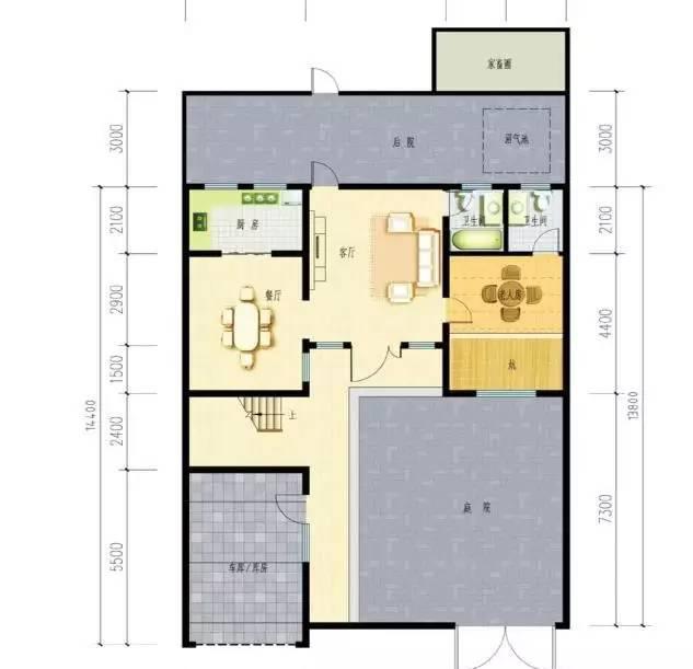 二層農(nóng)村別墅設(shè)計圖，帶有車庫，內(nèi)設(shè)有小庭院，造價20萬。