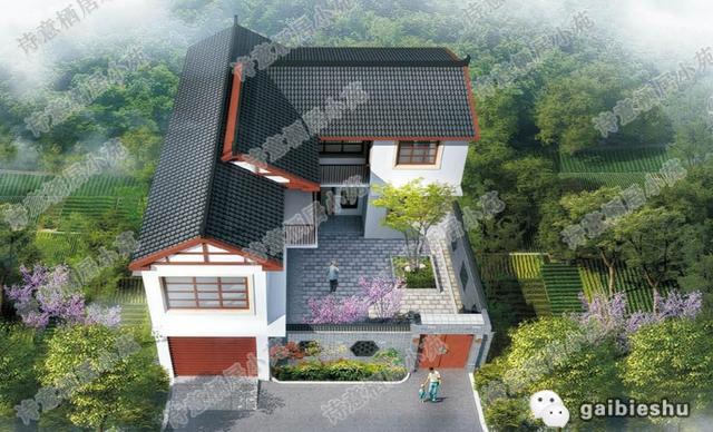 二層農(nóng)村別墅設(shè)計圖，帶有車庫，內(nèi)設(shè)有小庭院，造價20萬。