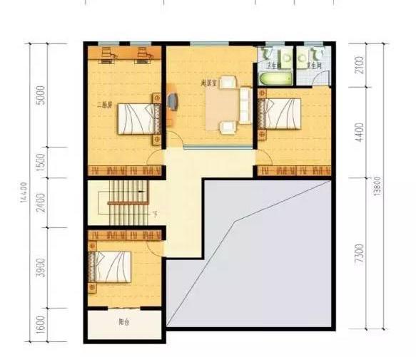 二層農(nóng)村別墅設(shè)計圖，帶有車庫，內(nèi)設(shè)有小庭院，造價20萬。