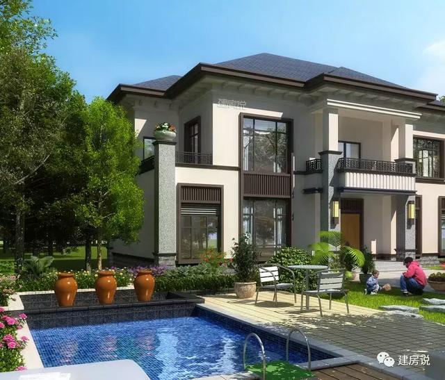 二層新中式花園泳池別墅設計圖，造型恢宏大氣，建房發(fā)愁的朋友進來看。