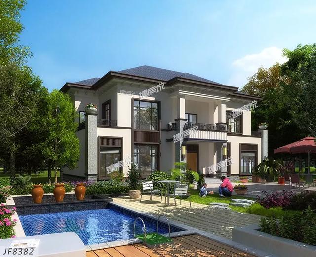 二層新中式花園泳池別墅設計圖，造型恢宏大氣，建房發(fā)愁的朋友進來看。