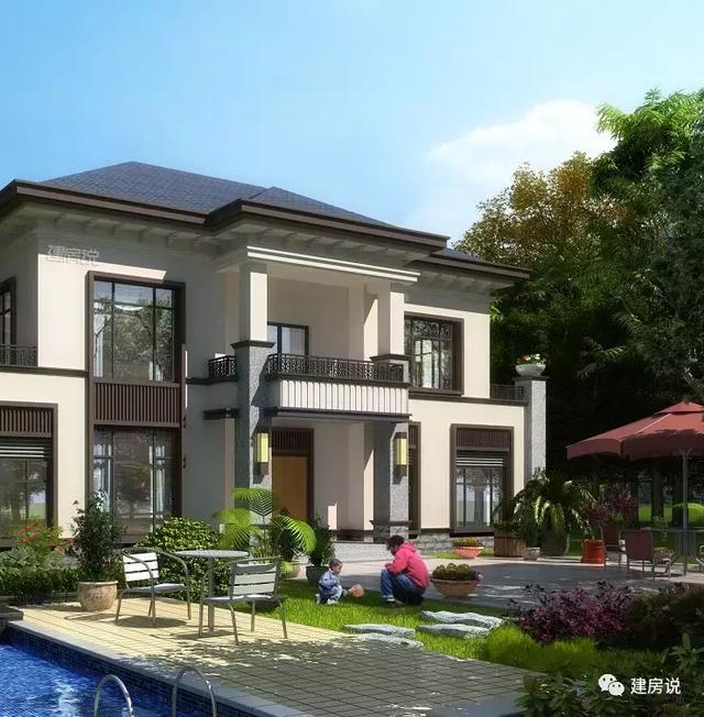 二層新中式花園泳池別墅設計圖，造型恢宏大氣，建房發(fā)愁的朋友進來看。