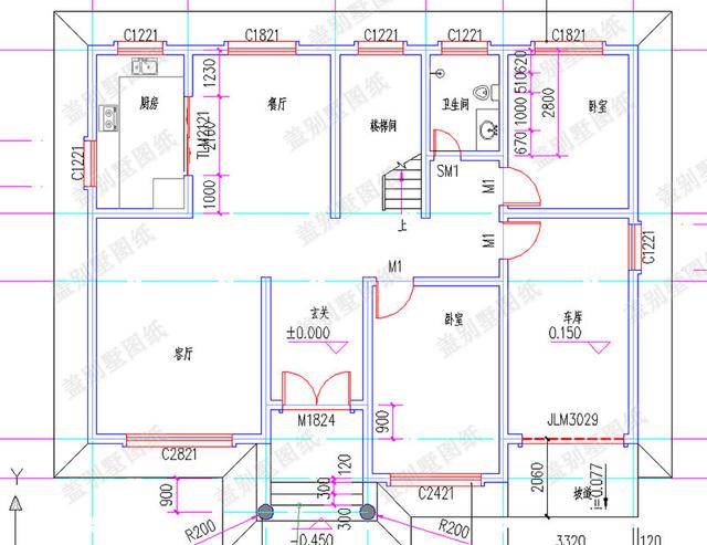 30萬(wàn)以內(nèi)二層自建房全套CAD施工圖，14×11米6臥帶車(chē)庫(kù)