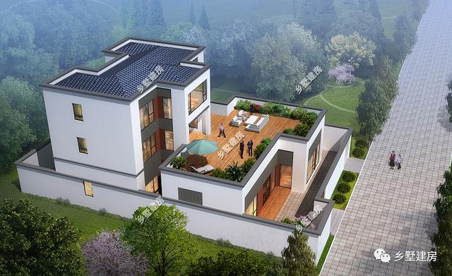 三層自建別墅設(shè)計圖，有院子+雙廚房+大露臺，附裝修圖